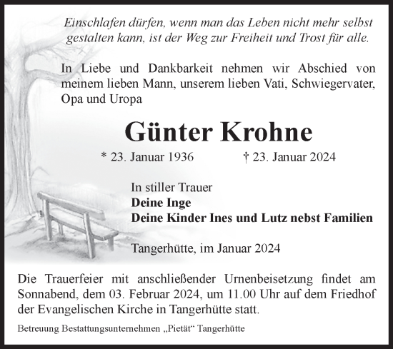 Traueranzeige von Günter Krohne von Volksstimme Altmark Ost