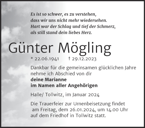 Traueranzeige von Günter Mögling von Mitteldeutsche Zeitung Halle/Saalkreis