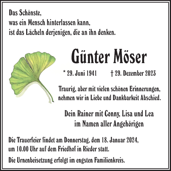 Traueranzeige von Günter Möser von Trauerkombi Quedlinburg