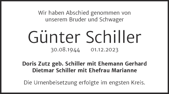 Traueranzeige von Günter Schiller von Mitteldeutsche Zeitung Halle/Saalkreis