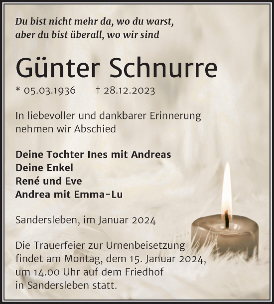 Traueranzeige von Günter Schnurre von Trauerkombi Mansfelder Land