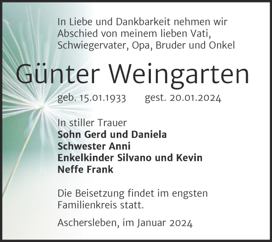 Traueranzeige von Günter Weingarten von Trauerkombi Aschersleben