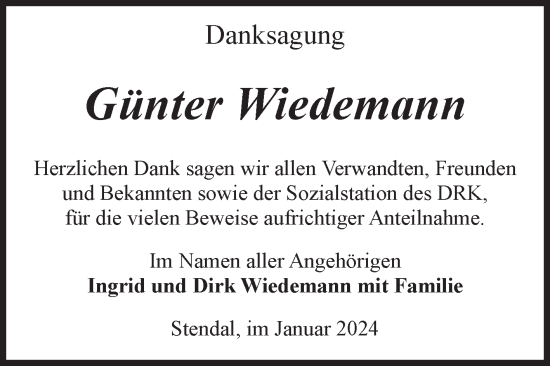 Traueranzeige von Günter Wiedemann von Volksstimme Altmark Ost