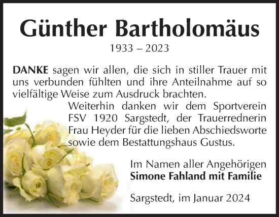 Traueranzeige von Günther Bartholomäus von Volksstimme Halberstadt