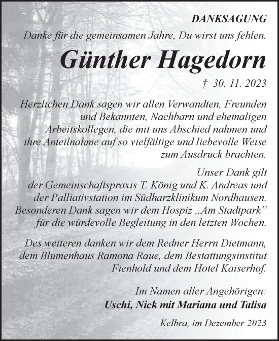 Traueranzeige von Günther Hagedorn von Trauerkombi Sangerhausen