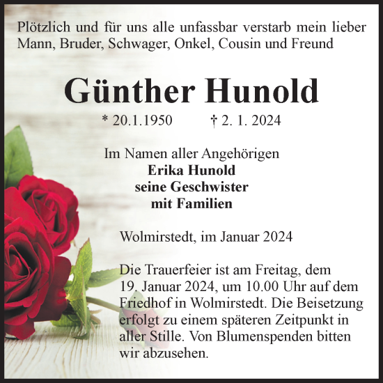 Traueranzeige von Günther Hunold von Volksstimme Haldensleben/Wolmirstedt