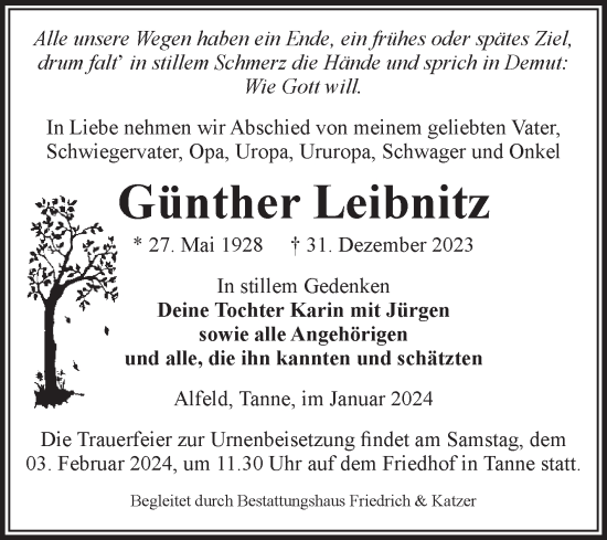 Traueranzeige von Günther Leibnitz von Volksstimme Wernigerode
