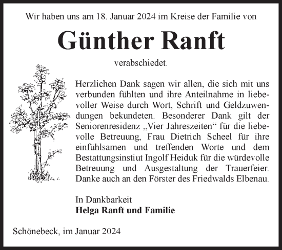 Traueranzeige von Günther Ranft von Volksstimme Schönebeck