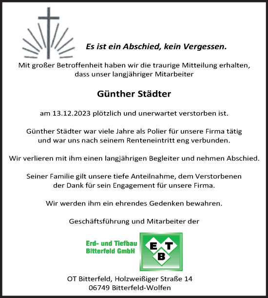 Traueranzeige von Günther Städter von Mitteldeutsche Zeitung Bitterfeld
