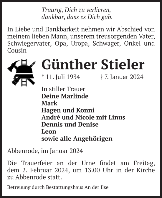 Traueranzeige von Günther Stieler von Volksstimme Wernigerode