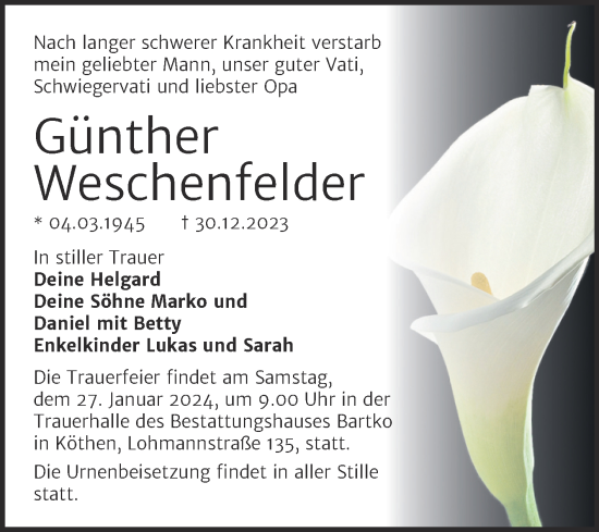 Traueranzeige von Günther Weschenfelder von Trauerkombi Köthen