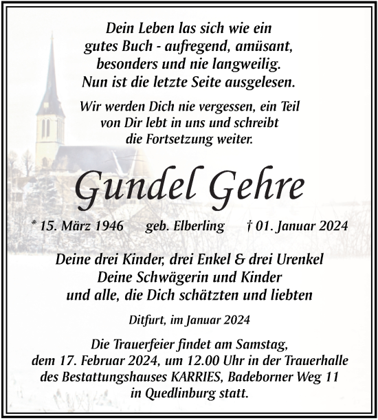 Traueranzeige von Gundel Gehre von Trauerkombi Quedlinburg