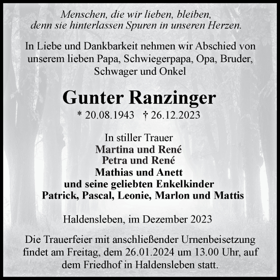 Traueranzeige von Gunter Ranzinger von Volksstimme Haldensleben/Wolmirstedt