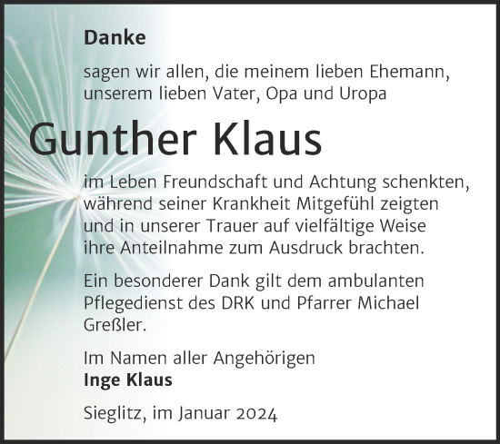 Traueranzeige von Gunther Klaus von Wochenspiegel Naumburg/Nebra