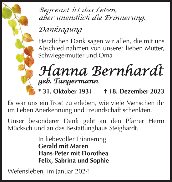 Traueranzeige von Hanna Bernhardt von Volksstimme Oschersleben/Wanzleben
