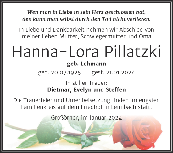 Traueranzeige von Hanna-Lora Pillatzki von Trauerkombi Mansfelder Land