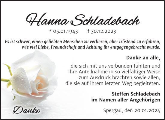 Traueranzeige von Hanna Schladebach von Trauerkombi Merseburg