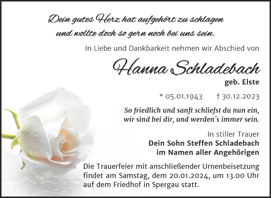 Traueranzeige von Hanna Schladebach von Trauerkombi Merseburg