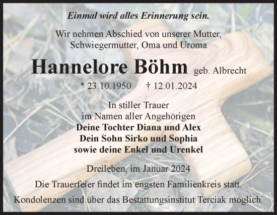 Traueranzeige von Hannelore Böhm von Volksstimme Oschersleben/Wanzleben