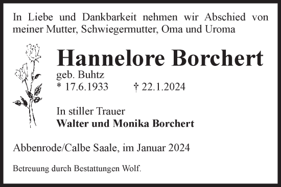 Traueranzeige von Hannelore Borchert von Volksstimme Schönebeck