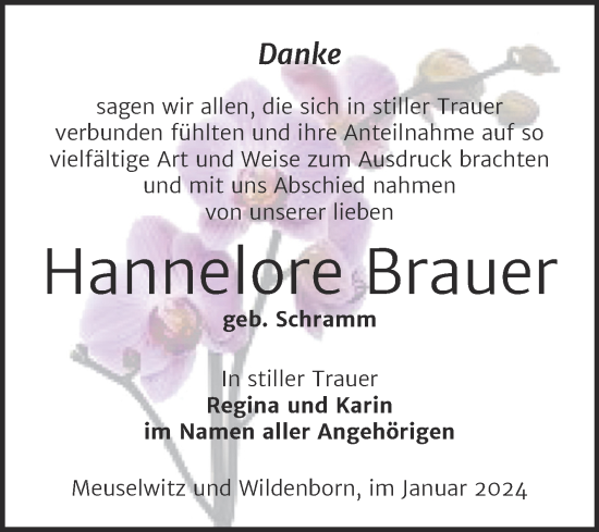 Traueranzeige von Hannelore Brauer von Trauerkombi Zeitz