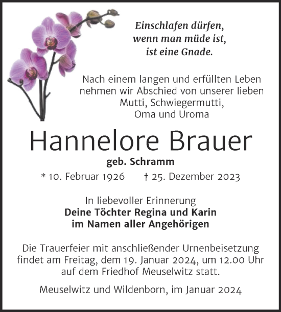 Traueranzeige von Hannelore Brauer von Trauerkombi Zeitz
