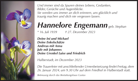 Traueranzeige von Hannelore Engemann von Volksstimme Halberstadt