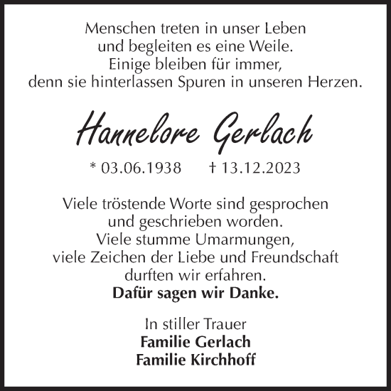 Traueranzeige von Hannelore Gerlach von Volksstimme Wernigerode