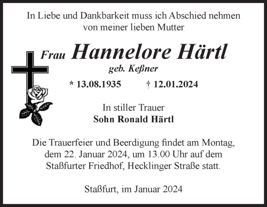 Traueranzeige von Hannelore Härtl von Volksstimme Staßfurt