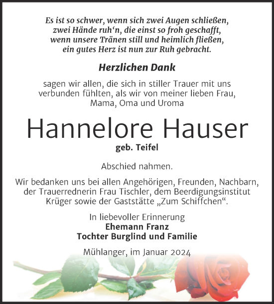 Traueranzeige von Hannelore Hauser von Trauerkombi Wittenberg