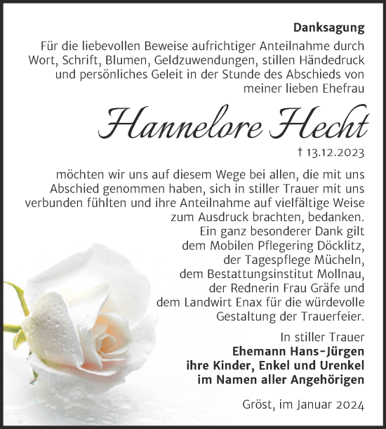 Traueranzeige von Hannelore Hecht von Trauerkombi Merseburg