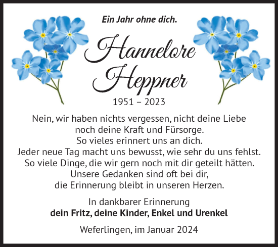 Traueranzeige von Hannelore Heppner von Volksstimme Haldensleben/Wolmirstedt