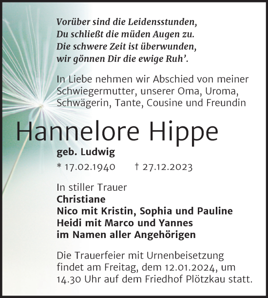 Traueranzeige von Hannelore Hippe von Trauerkombi Bernburg