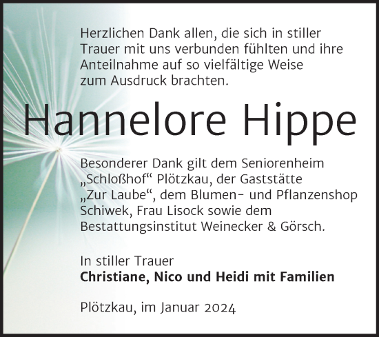 Traueranzeige von Hannelore Hippe von Trauerkombi Bernburg