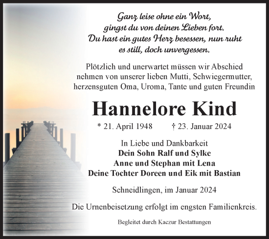 Traueranzeige von Hannelore Kind von Volksstimme Staßfurt