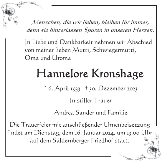 Traueranzeige von Hannelore Kronshage von Volksstimme Altmark Ost