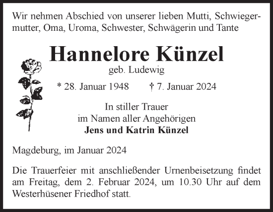 Traueranzeige von Hannelore Künzel von Volksstimme Magdeburg