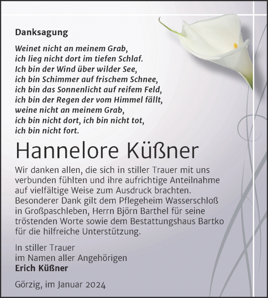 Traueranzeige von Hannelore Küßner von Trauerkombi Köthen