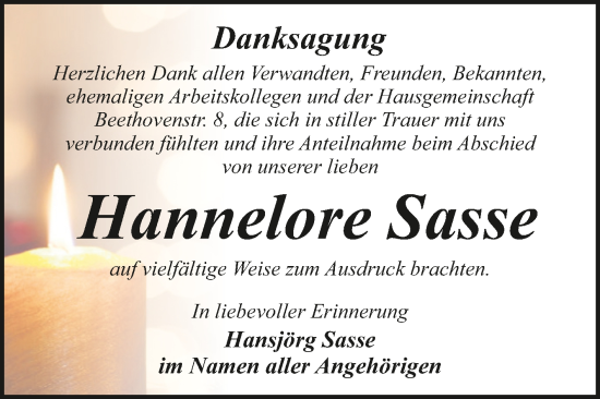 Traueranzeige von Hannelore Sasse von Trauerkombi Dessau