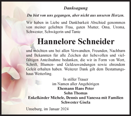Traueranzeige von Hannelore Schneider von Volksstimme Staßfurt