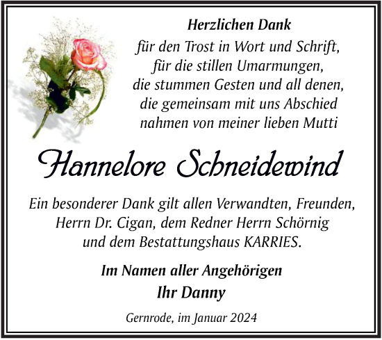 Traueranzeige von Hannelore Schneidewind von Trauerkombi Quedlinburg