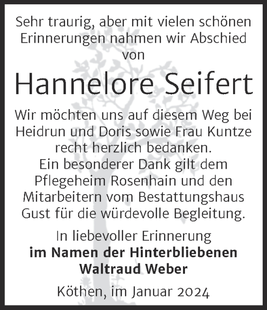 Traueranzeige von Hannelore Seifert von Trauerkombi Köthen