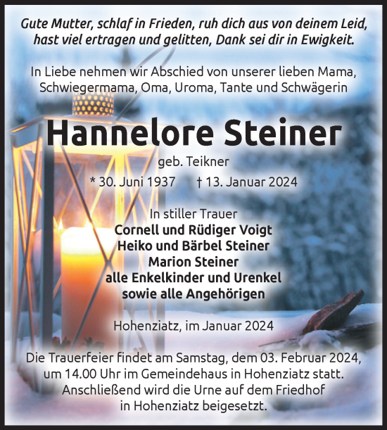 Traueranzeige von Hannelore Steiner von Volksstimme Burg/Genthin