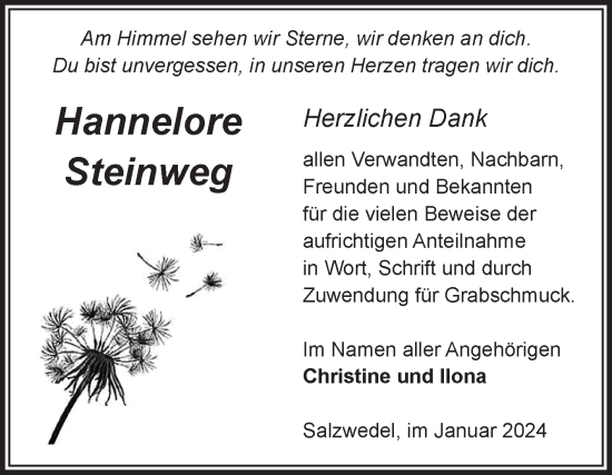Traueranzeige von Hannelore Steinweg von Volksstimme Altmark West