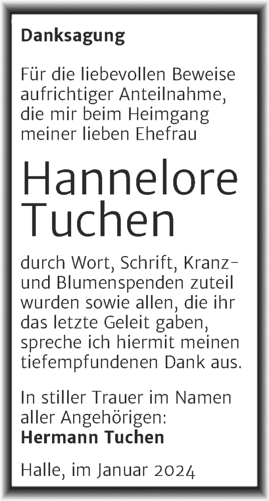 Traueranzeige von Hannelore Tuchen von Mitteldeutsche Zeitung Halle/Saalkreis