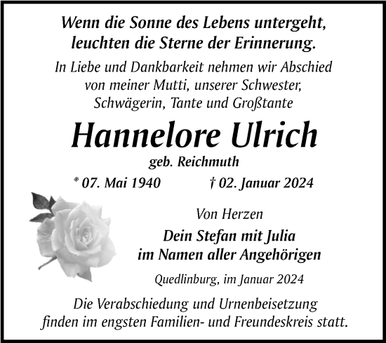 Traueranzeige von Hannelore Ulrich von Trauerkombi Quedlinburg