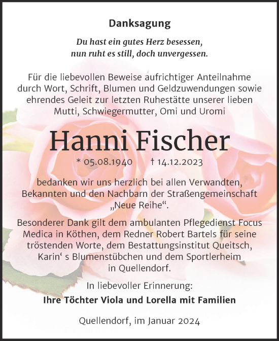 Traueranzeige von Hanni Fischer von Trauerkombi Köthen