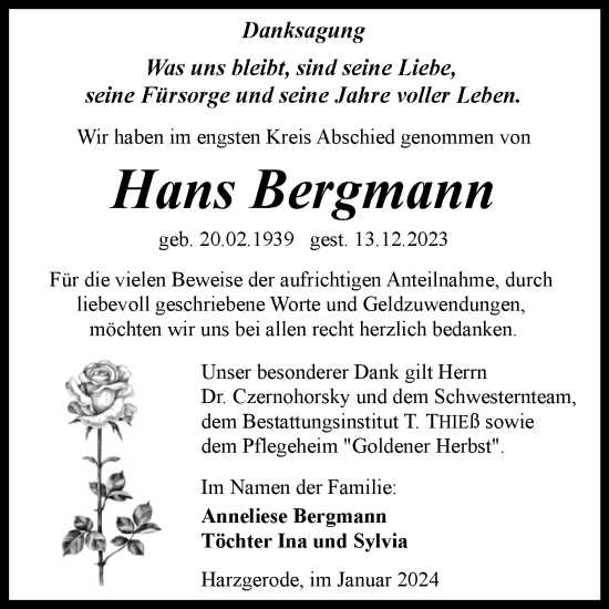 Traueranzeige von Hans Bergmann von Trauerkombi Quedlinburg