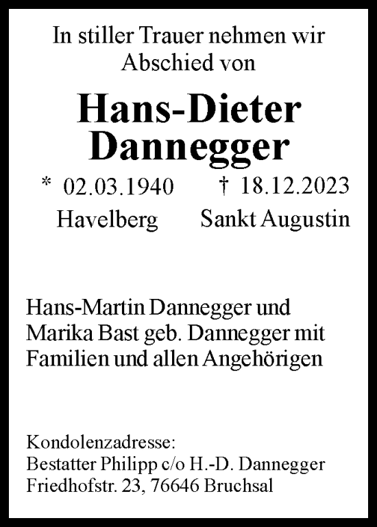 Traueranzeige von Hans-Dieter Dannegger von Volksstimme Altmark Ost