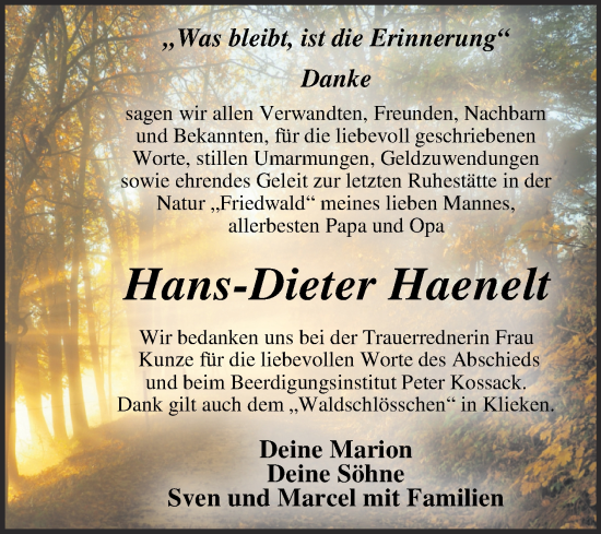 Traueranzeige von Hans-Dieter Haenelt von Trauerkombi Wittenberg